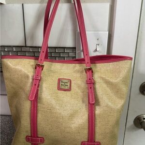 Dooney & Bourke Natural Straw Tote with Pink Trim and Handles